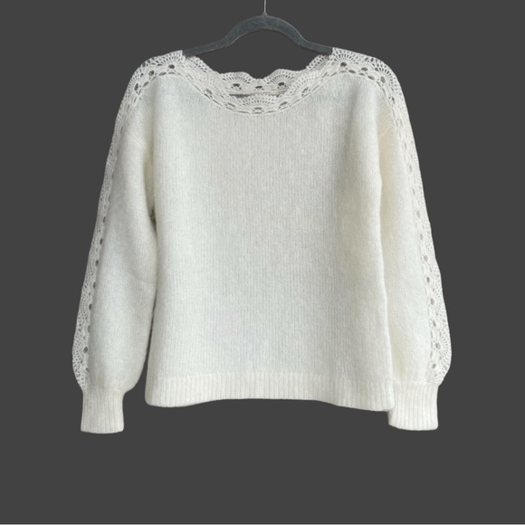 SEZANE Ecru Cream Mohair Wool Scalloped Lace Panel Balloon Sleeve Stacy Sweater - Picture 4 of 17